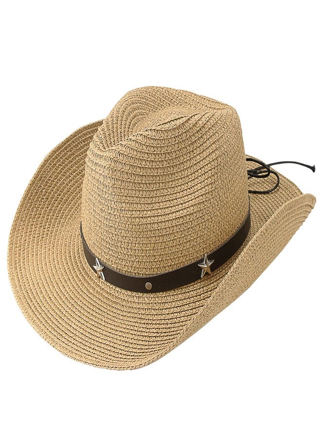 Vikodah Women Straw Sun Hat Wide Brim Western Cowboy Cowgirls Style UV-Protection Beach Hat with Wind Lanyard Khaki - Image 3
